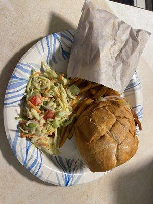 Ninja Burger with Impossible Burger as the protein. Fries with curry shake, Katsu Burger Cole slaw