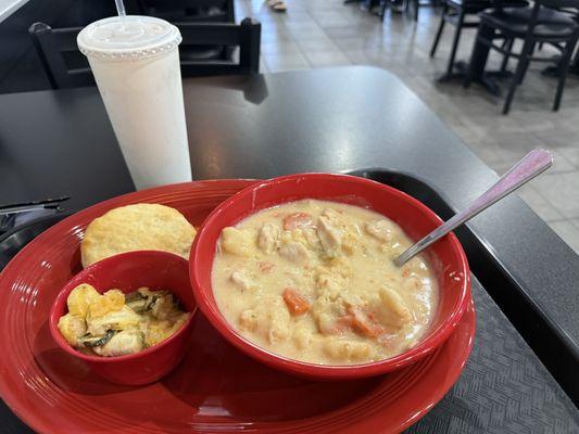 Chicken 'n dumplings with squash casserole.  You gotta try it