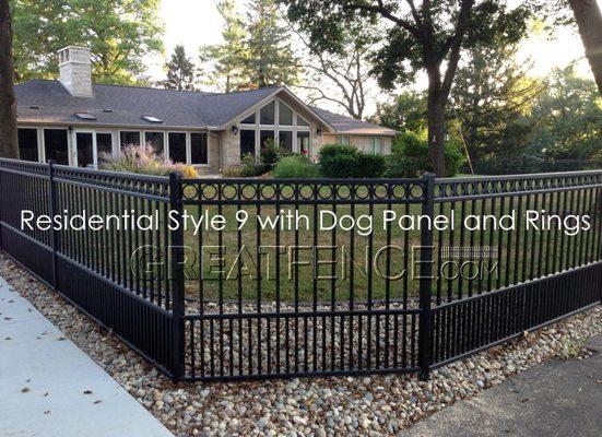 Customize your aluminum fence with rings / circles and/or the dog panel / puppy pickets.  

OR, ADD BOTH!