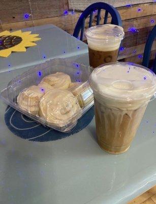 Sugar free caramel breve, iced coffee and cinnamon rolls