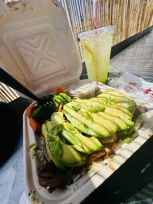 Beef & Chicken Teriyaki Meal w. Cucumber Lemonade agua fresca