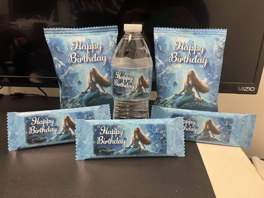 Little Mermaid personalized treats (chips, candy bar, and water bottle) for a birthday party. ‍