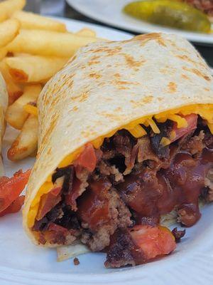 Bacon cheddar wrap with a burger