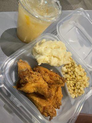 Peach Cobbler Lemonade + Fried Chicken + Mashed Potatoes + Corn