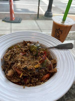 Basil fried rice with chicken and thai bubble tea