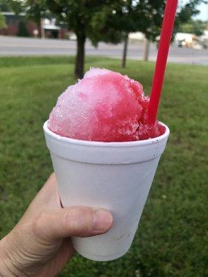 Hawaiian style: Medium shaved ice with French vanilla ice cream in the bottom. Flavors: Piña colada, cherry and Strawberry.