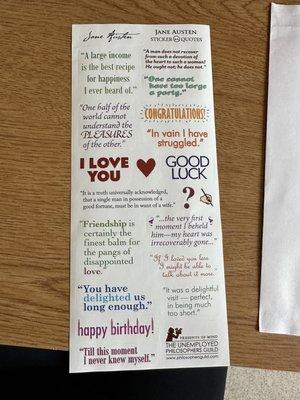 Jane Austen quote stickers (from a Jane Austen greetings card)