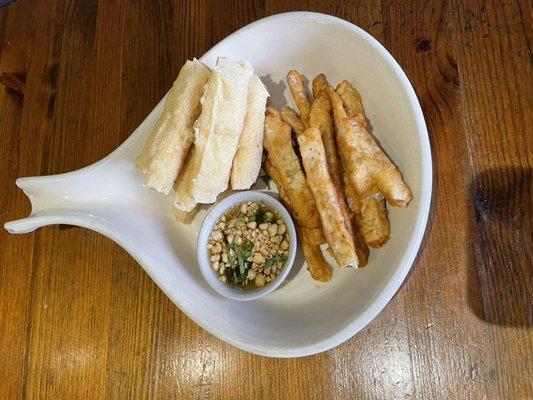 Fried Tofu & Taro, sweet chili sauce topped with peanut.