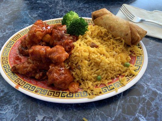 Orange chicken with pork fried rice;