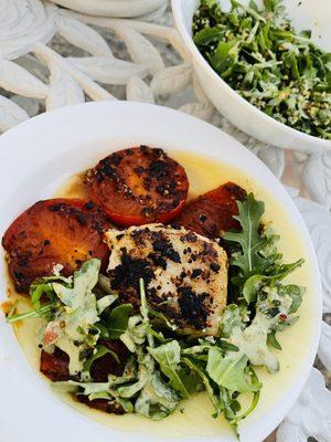 Wild Chilean sea bass with sautéed tomatoes & organic arugula salad; Go Greens!