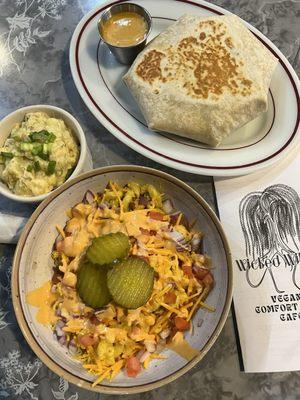 Burger Mac, potato salad and crunch wrap