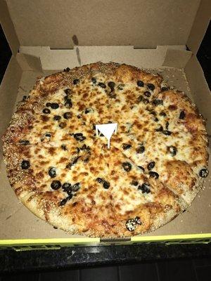 Large pizza with extra cheese and black olives.