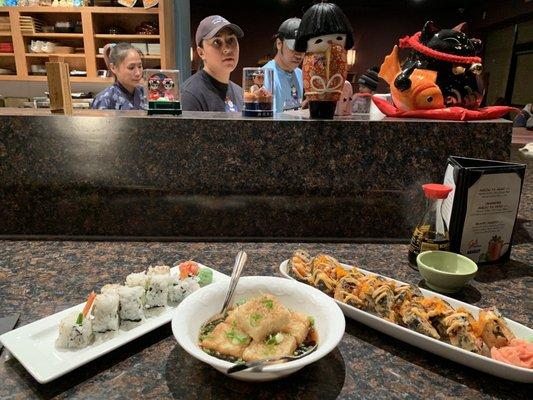 Shrimp, avocado & cucumber roll, agagadashi tofu, and fire dragon roll