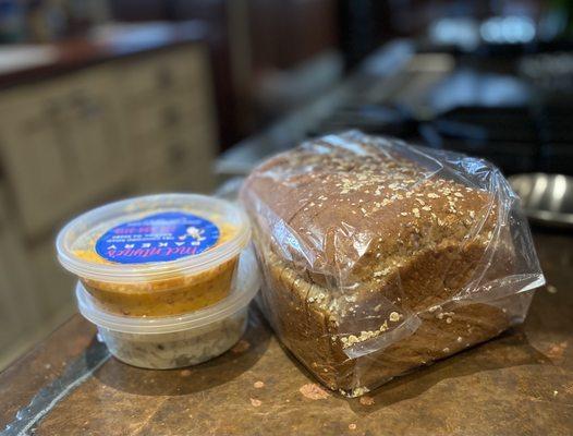 12-grain sliced bread, chicken salad and pimento cheese