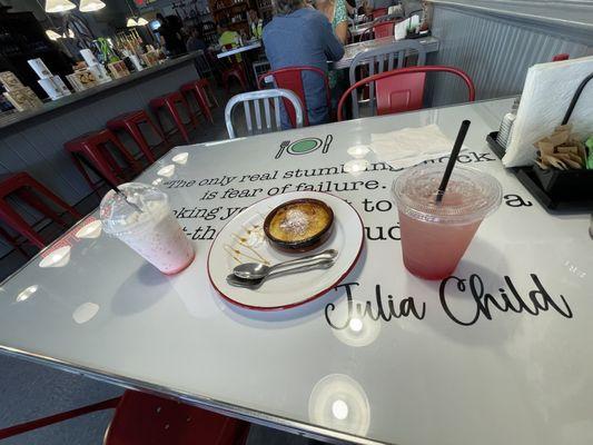 Strawberry italian soda, creme brulee, prickly pear lemonade