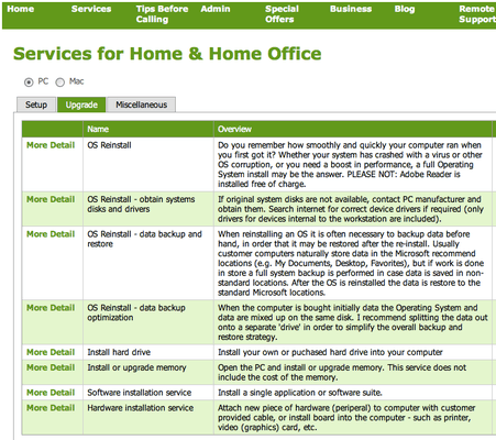 Some of our PC computer upgrade services - prices available on our website