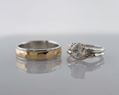 Faceted wedding set in gold and platinum, polished