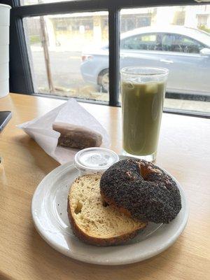 Sesame bagel, iced matcha, maple bar!