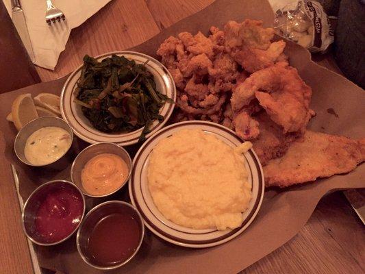 Fry basket!! Clam stripe, shrimps, white fish fillets and oysters with 2 sides and many sauces!