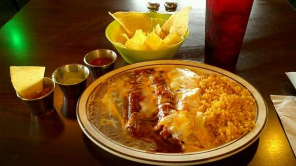 Three Amigos....a beef, a cheese, and a chicken enchilada plate for only $5.79!