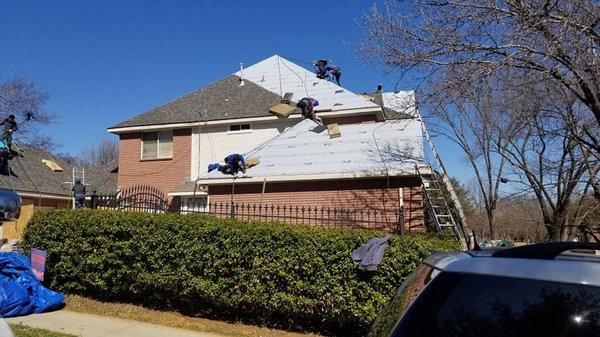 Steep pitch roof and what was really nice to see was IFC roofers had harnesses on to keep them safe.