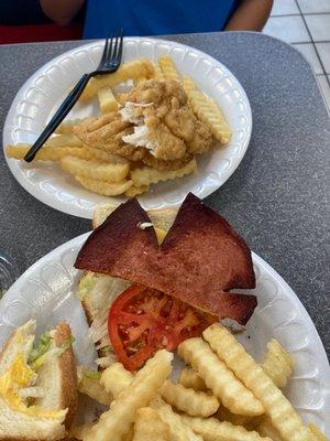 Bologna sandwich plate and kid's chicken finger. Yum- Jus like mom made.