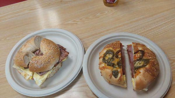 Ham, egg & cheese bagel and pork roll, egg, & cheese