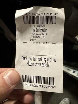 The parking receipt, noting the date and time.