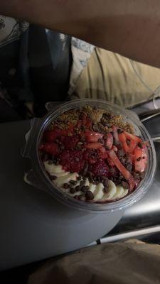 Acai base, bananas, strawberries, raspberries, granola, Nutella