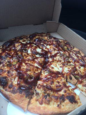 BBQ CHICKEN PIZZA, so fire!!! (Great) layered with white sauce, mozzarella, grilled chicken, jalapeños & BBQ sauce!!