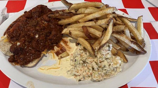 Chili Hot Dog..with slaw and fries.