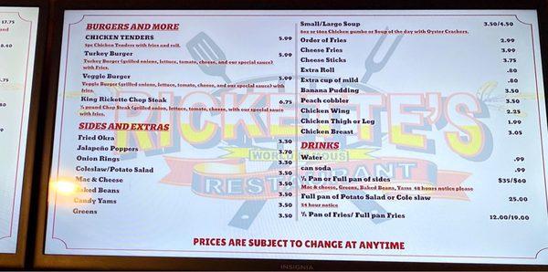 Menu prices and options