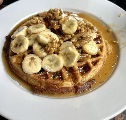 Waffle with carmelized banana and walnuts.