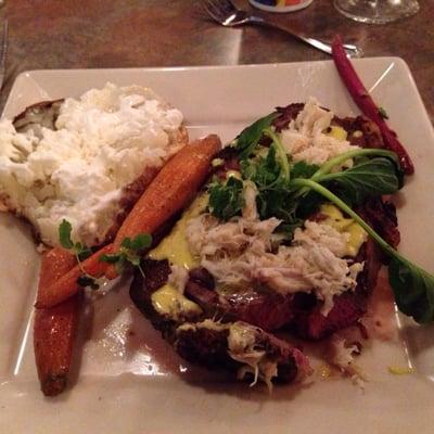 Special Prime Rib with lump crab and hollandaise.  Carrots and baked potato.