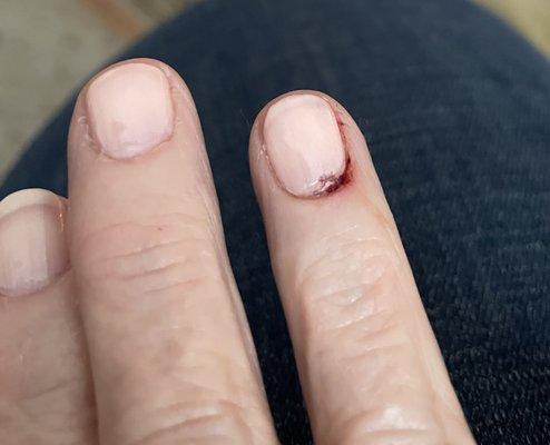 Cuticles cut so roughly and fast caused a wound that bled for over an hour after I left.