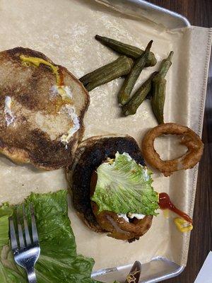 Burger came out well done, grilled okra (I had already eaten two when this pic was taken) fried onion rings