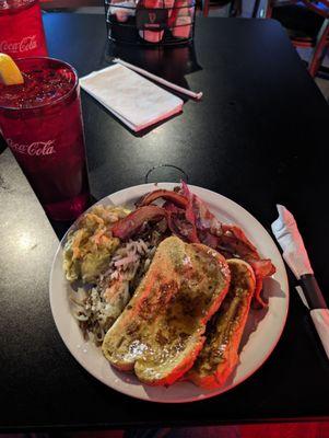 French toast eggs hash browns bacon