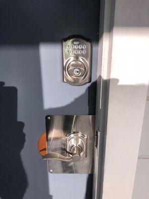 Fresh installation for Schlage Camelot passage lever, and Schlage Camelot keypad deadbolt installed by Go Pro Locksmith San Carlos.