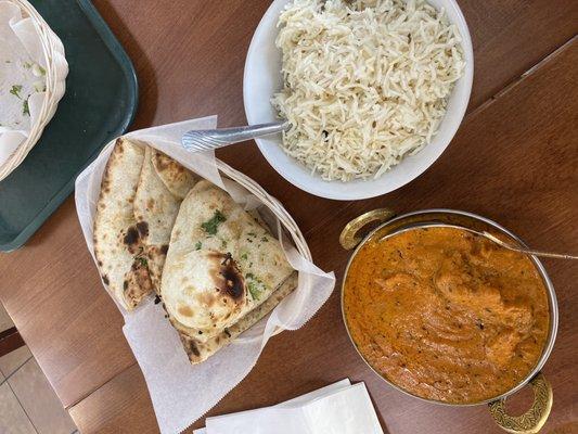 garlic naan, rice, chicken tikka masala