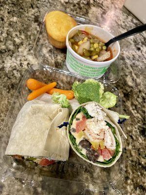 Mediterranean Vegetarian Wrap add chicken and banana peppers along with Vegan Vegetable Soup