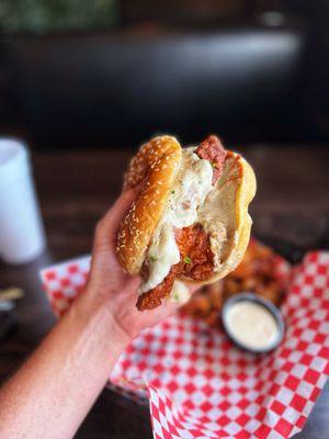 Garlic mashed potato Nashville hot chicken sandwich.