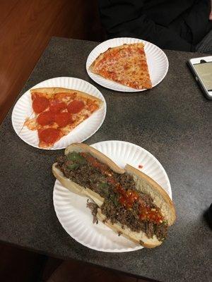 pepperoni and cheese slices. And that gorgeous sub, that is the steak and cheese, and peppers and mushroom!! $7.50 it is a steal