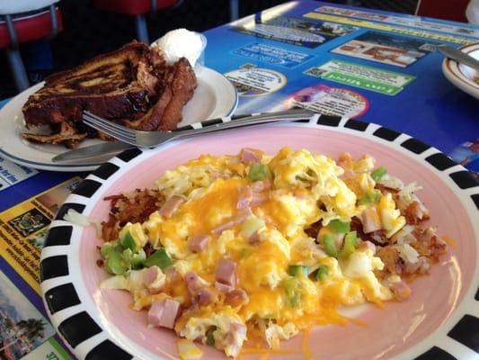 Denver scramble over hashbrowns and from scratch homemade cinnamon raisin bread