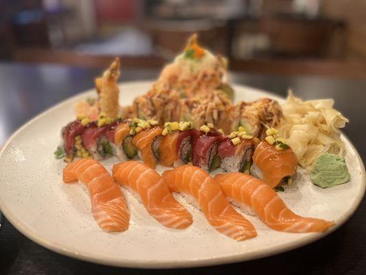 Salmon nigiri (two orders) Clearwater Beach Roll(cooked) Volcano Roll(cooked) and ocean roll, a special for the night