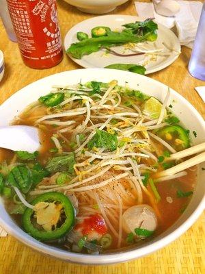 Pho tai with meatballs and all the fixings