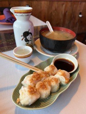 Steamed shumai, miso soup, hot sake