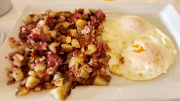 Corned beef hash n eggs.