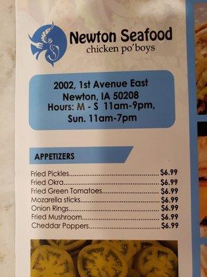 Contact info, hours and appetizers