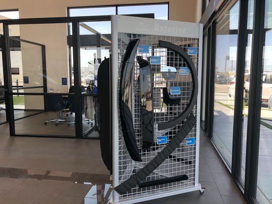 Subaru genuine accessories display on showroom floor located at 2501 W. Loop 340 in Waco, Texas.