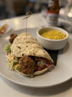 Falafel with pickled veggies and saffron rice.